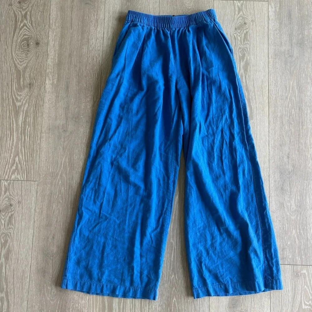 Zara Womens Royal Blue Comfort Elastic Waist Linen Blend Wide Leg Pants Size XS
